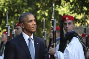 President Barack Obama reviews the Presidential Guard in Athens, Greece, on Nov. 15, 2016